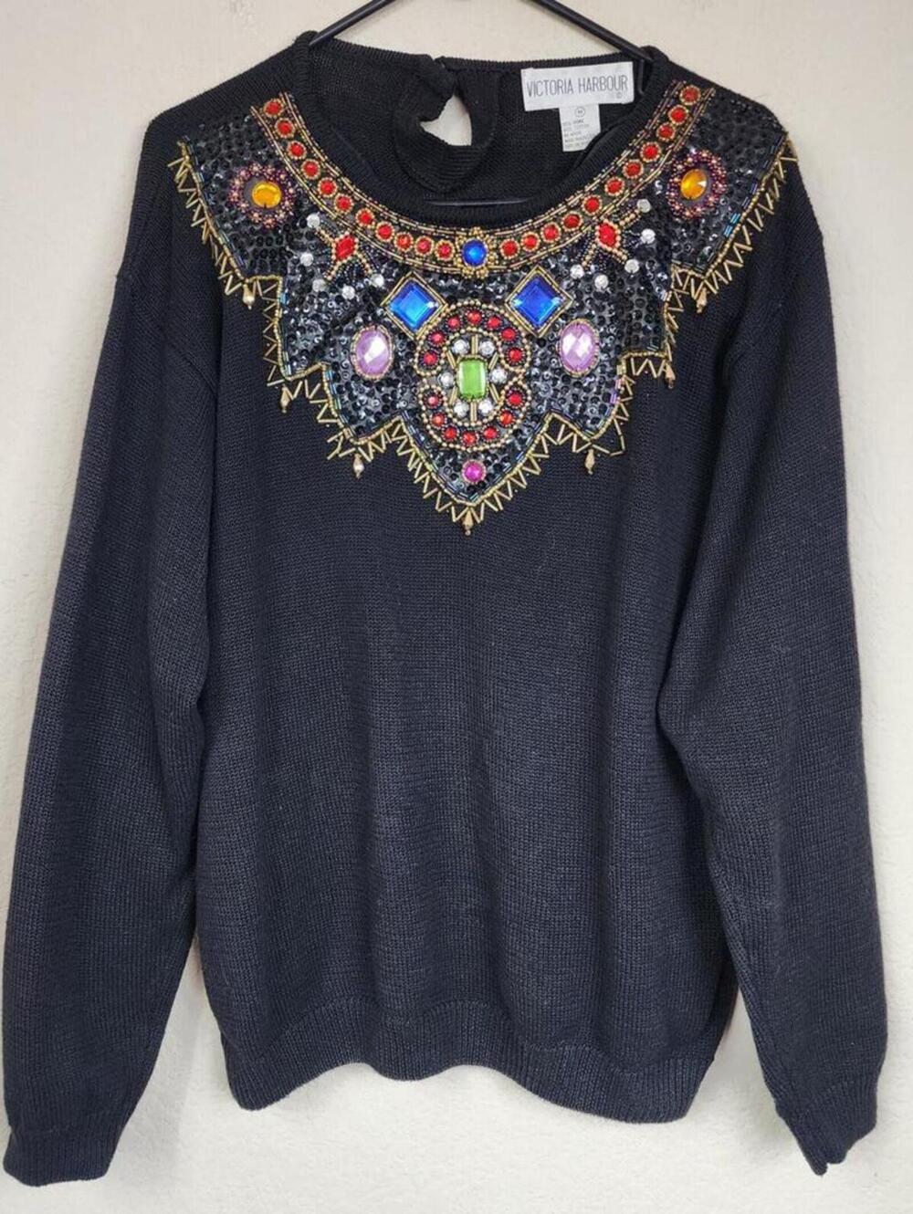 Vintage Victoria Harbour Embellished Medium Black Sweater